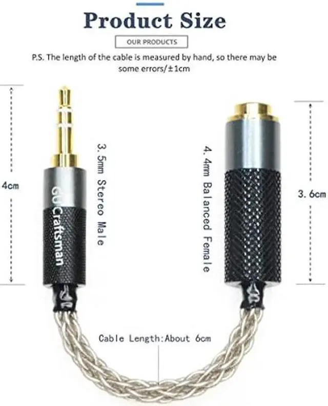 Alt view image 3 of 5 - GUCraftsman 3.5mm Stereo Male to 4.4mm Balanced Female Portable Headphone Adapter Cable 6N Single Crystal Silver Headphone Jack Convert Cable for Audio Players with 3.5mm Ports