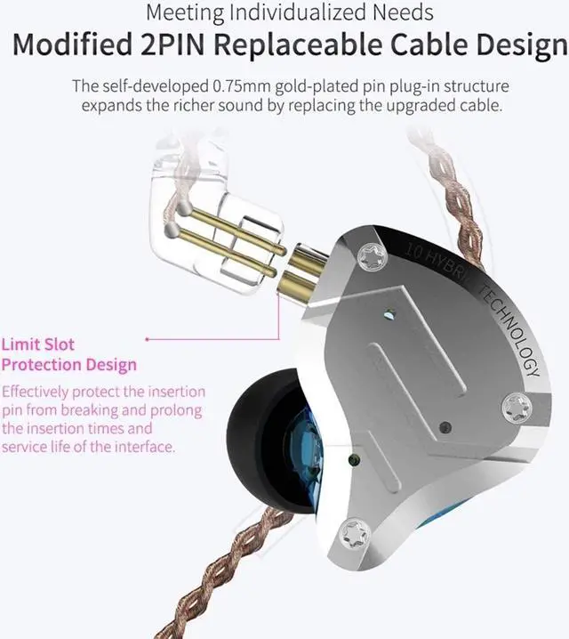 Alt view image 5 of 5 - KZ ZS10 Pro IEM Earphones Wired Noise Cancelling Earbuds, 4BA+1DD 5 Driver in-Ear HiFi Metal Earphones with Stainless Steel Faceplate, 2 Pin Detachable Cable (Purple, Without Mic)