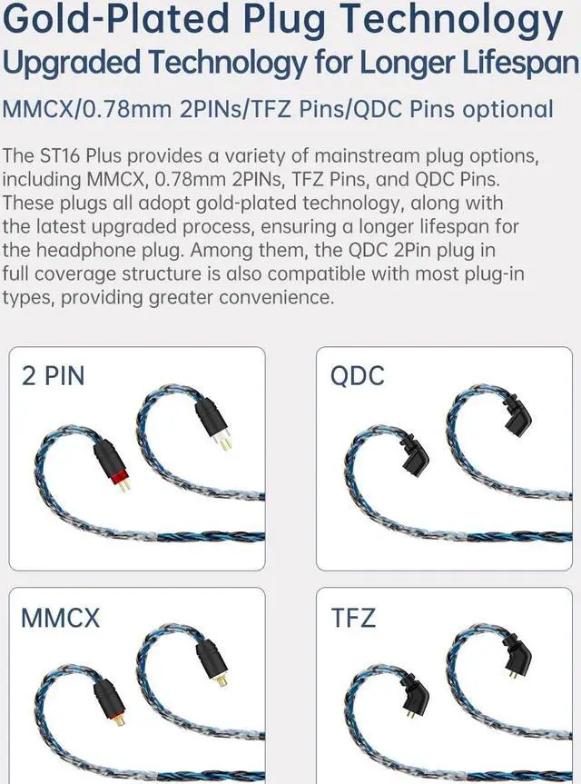Alt view image 5 of 5 - KBEAR ST16 Plus 2 Meter Detachable IEM Cable 16 Core 5N OCC Silver-Plated Long in-Ear Earphone Cable for HD414 HD650 HD600 Tin Audio T2 T2 PRO T3 T5 Westone TFZ Kinera Shozy Simgot (TFZ 4.4MM)
