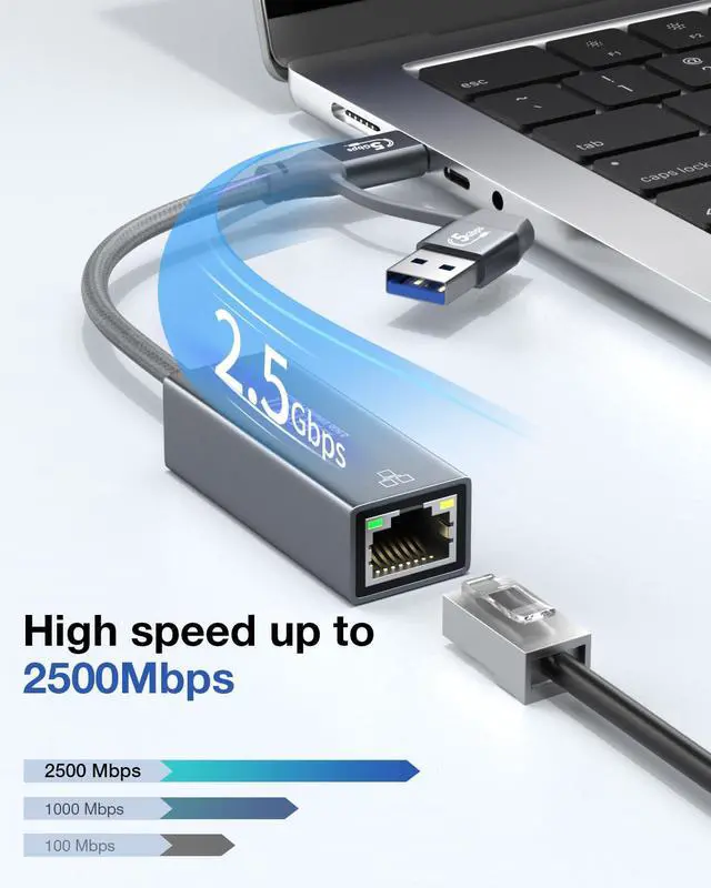 Alt view image 2 of 5 - USB C to Ethernet Adapter 2.5Gb, Thunderbolt 3 & USB 3.0 to RJ45 LAN Converter, 2500Mbps Gigabit Network Adapter for MacBook Pro/Air, iPad Pro, Dell XPS, Surface, Laptop