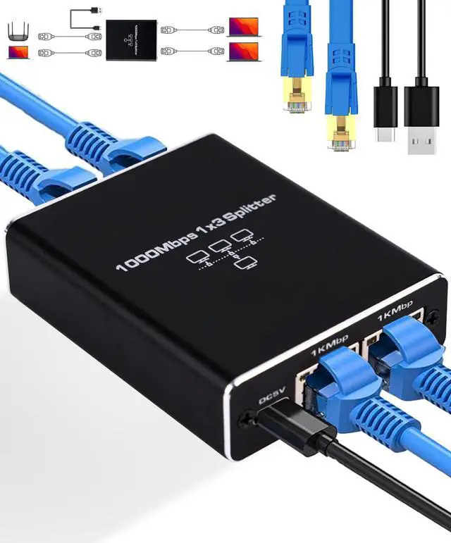 Main image of Ethernet Splitter 1 to 3, 1000Mbps High Speed Ethernet Cable Splitter with LAN Cable Cat 6 [3 Devices Simultaneous Networking], Gigabit RJ45 LAN Network Extension for Cat8/7/6/5e/5 Cable