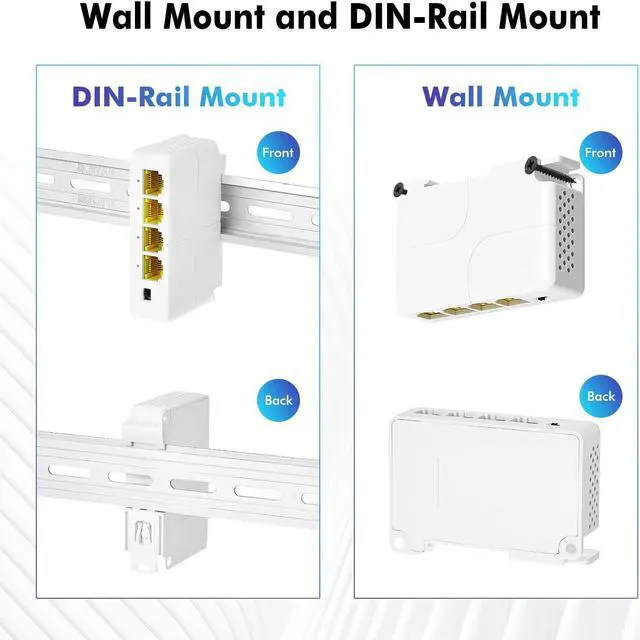 Alt view image 5 of 5 - MokerLink 4 Port Gigabit PoE Extender, IEEE 802.3 af/at PoE Repeater, 10/100/1000Mbps, 1 PoE in 3 PoE Out, Wall & Din Rail Mount POE Passthrough Switch