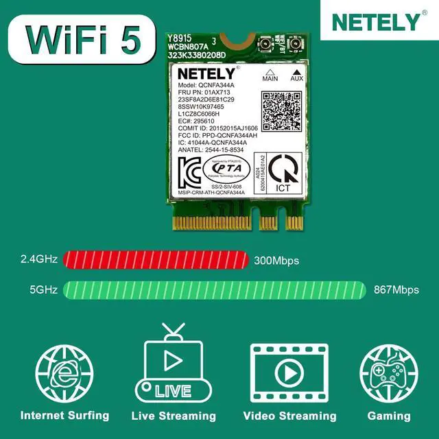 Alt view image 2 of 5 - NETELY IEEE 802.11AC WiFi 5 NGFF M2 Interface 1200Mbps WiFi Adapter with Bluetooth 4.2 for Laptop PCs, 2.4GHz 300Mbps and 5GHz 867Mbps NGFF M2 WiFi Card, OEM Lenovo FRU PN: 01AX713 (QCNFA344A)