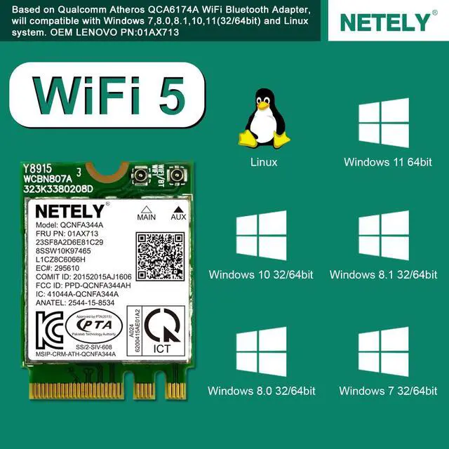 Alt view image 3 of 5 - NETELY IEEE 802.11AC WiFi 5 NGFF M2 Interface 1200Mbps WiFi Adapter with Bluetooth 4.2 for Laptop PCs, 2.4GHz 300Mbps and 5GHz 867Mbps NGFF M2 WiFi Card, OEM Lenovo FRU PN: 01AX713 (QCNFA344A)