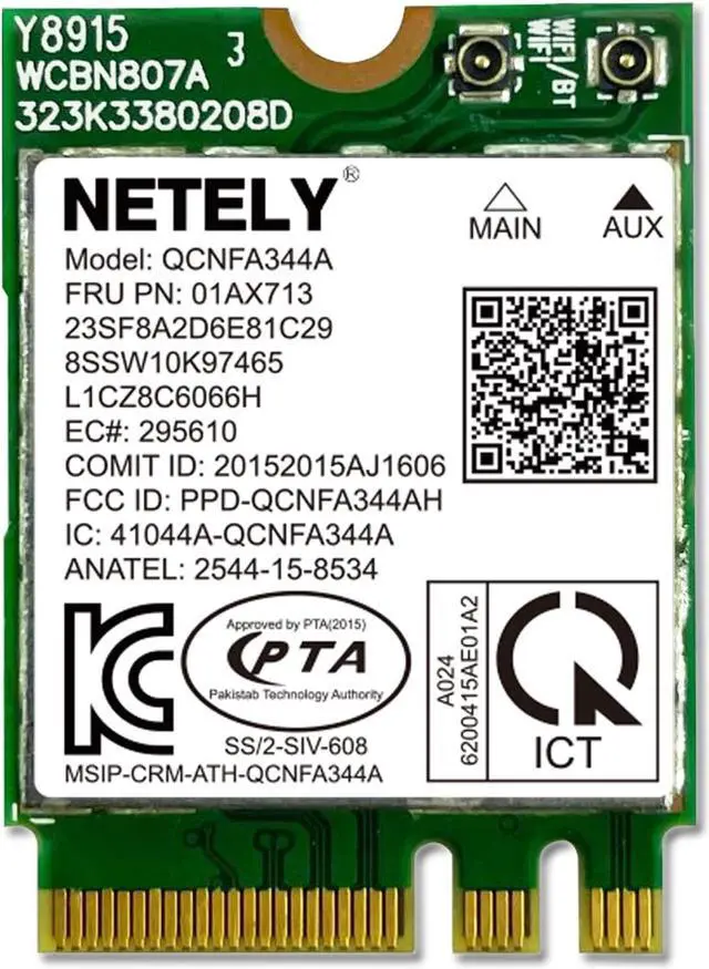 Main image of NETELY IEEE 802.11AC WiFi 5 NGFF M2 Interface 1200Mbps WiFi Adapter with Bluetooth 4.2 for Laptop PCs, 2.4GHz 300Mbps and 5GHz 867Mbps NGFF M2 WiFi Card, OEM Lenovo FRU PN: 01AX713 (QCNFA344A)