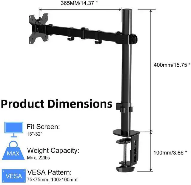 Alt view image 2 of 5 - Pholiten Single Monitor Arm Desk Mount, Holds Screens up to 32 inch,Holds Up to 22lbs,Fully Adjustable Stand with C-Clamp and Grommet Base,100x100 Vesa Monitor Stand