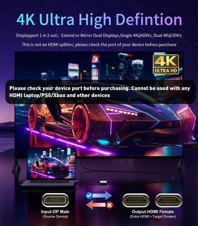 Alt view image 2 of 5 - Reborn DisplayPort to Dual HDMI Adapter 4K@60Hz Display Port to HDMI 1 in 2 Out Splitter for Dual Monitor Extended Display, DP Source to 2 HDMI Adapter with PC, Graphics Card, Lenovo, HP and More