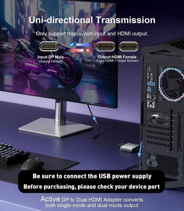 Alt view image 5 of 5 - Reborn DisplayPort to Dual HDMI Adapter 4K@60Hz Display Port to HDMI 1 in 2 Out Splitter for Dual Monitor Extended Display, DP Source to 2 HDMI Adapter with PC, Graphics Card, Lenovo, HP and More