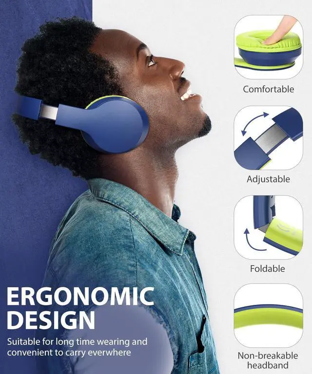 Alt view image 2 of 5 - rockpapa E7 Over Ear Wireless Bluetooth Headphones with Mic Include Travel Case, Foldable Wired/Wireless Headphones with Microphone for Kids Childrens Boys Girls Teen Youth Adult Blue Green