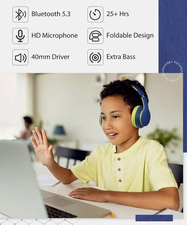Alt view image 5 of 5 - rockpapa E7 Over Ear Wireless Bluetooth Headphones with Mic Include Travel Case, Foldable Wired/Wireless Headphones with Microphone for Kids Childrens Boys Girls Teen Youth Adult Blue Green