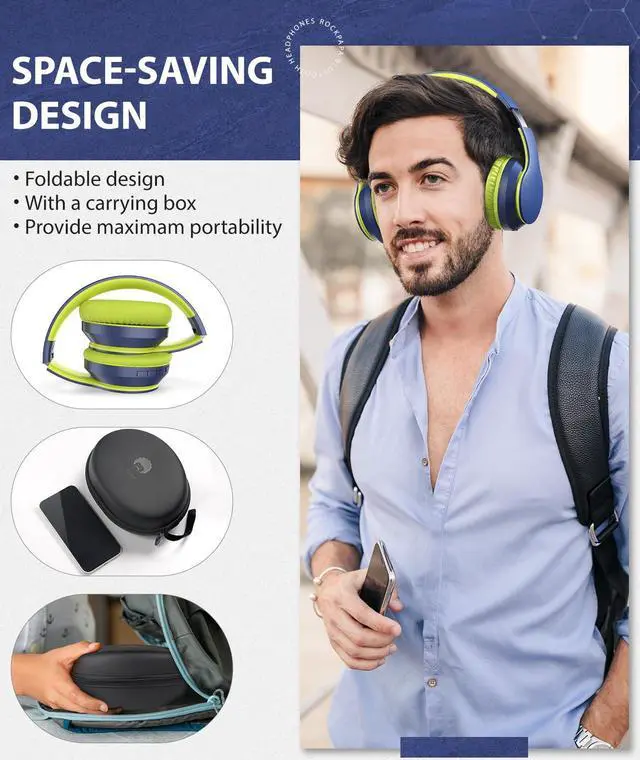 Alt view image 4 of 5 - rockpapa E7 Over Ear Wireless Bluetooth Headphones with Mic Include Travel Case, Foldable Wired/Wireless Headphones with Microphone for Kids Childrens Boys Girls Teen Youth Adult Blue Green