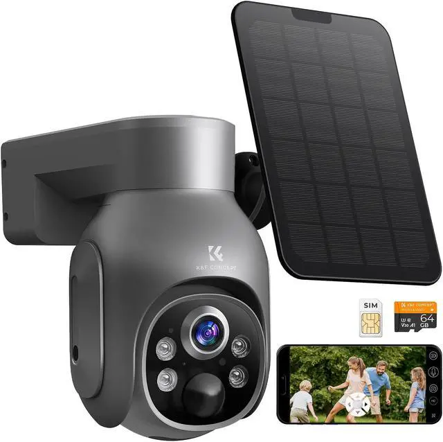 Main image of K&F Concept 3G/4G LTE Cellular Security Camera with SD&SIM Card (Verizon/AT&T/T-Mobile), No WiFi Needed, Solar Powered, 2K Live Video, 360° PTZ, Color Night Vision, 2 Way Talk, Motion&Siren Alert