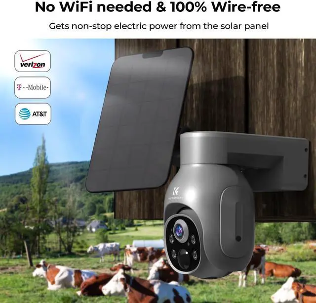 Alt view image 2 of 5 - K&F Concept 3G/4G LTE Cellular Security Camera with SD&SIM Card (Verizon/AT&T/T-Mobile), No WiFi Needed, Solar Powered, 2K Live Video, 360° PTZ, Color Night Vision, 2 Way Talk, Motion&Siren Alert