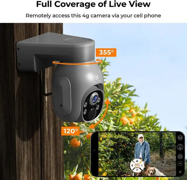 Alt view image 3 of 5 - K&F Concept 3G/4G LTE Cellular Security Camera with SD&SIM Card (Verizon/AT&T/T-Mobile), No WiFi Needed, Solar Powered, 2K Live Video, 360° PTZ, Color Night Vision, 2 Way Talk, Motion&Siren Alert