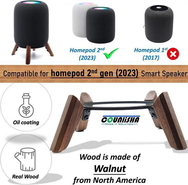 Alt view image 4 of 5 - Real Wood Stand for Homepod 2nd gen (2023 Released), Wooden Holder with Metal Frame for Better Sound,Sturdy Stable Mount with Anti-Slip Protects Apple Home pod 2nd Smart Speaker (Walnut)