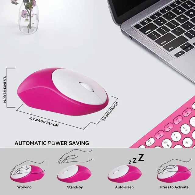 Alt view image 3 of 5 - Wireless Keyboards Mouse Combos, Colorful Quiet Keyboard Cute Typewriter Full-Size Retro Round Keycaps, 2.4GHz Sleep Mode Office Wireless Keyboard and Mouse Set for Desktop Laptop PC Computer-Rose Red