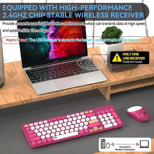 Alt view image 5 of 5 - Wireless Keyboards Mouse Combos, Colorful Quiet Keyboard Cute Typewriter Full-Size Retro Round Keycaps, 2.4GHz Sleep Mode Office Wireless Keyboard and Mouse Set for Desktop Laptop PC Computer-Rose Red