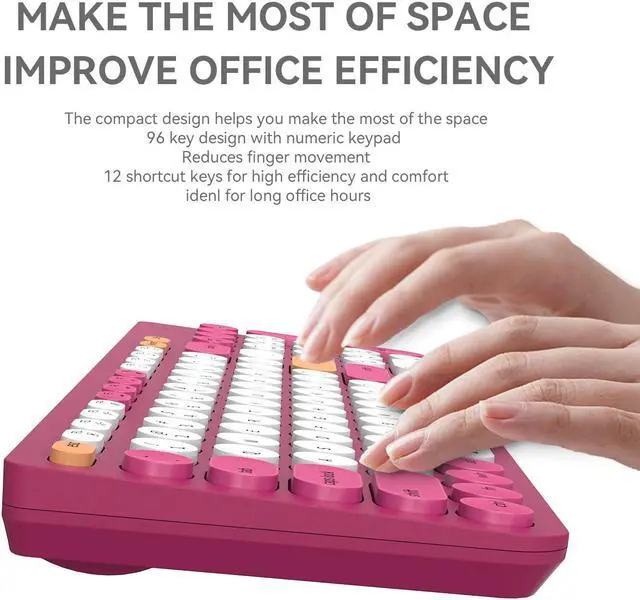 Alt view image 4 of 5 - Wireless Keyboards Mouse Combos, Colorful Quiet Keyboard Cute Typewriter Full-Size Retro Round Keycaps, 2.4GHz Sleep Mode Office Wireless Keyboard and Mouse Set for Desktop Laptop PC Computer-Rose Red