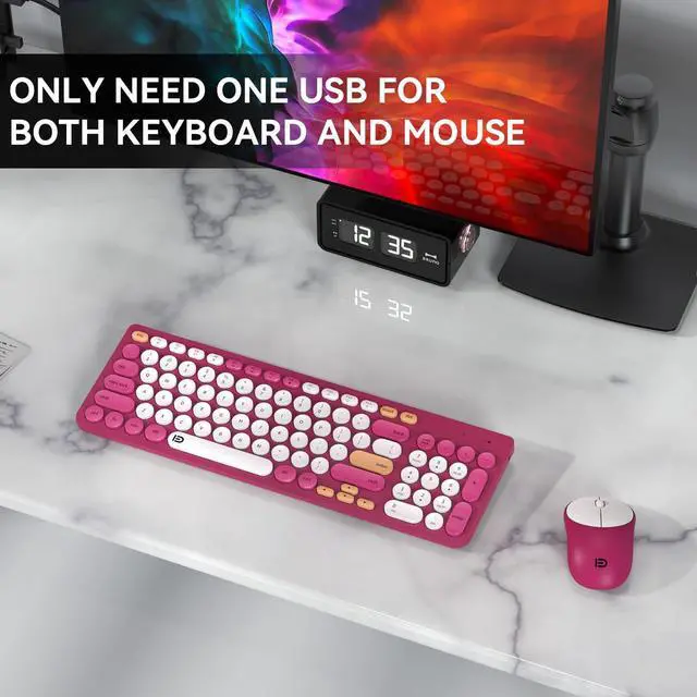 Alt view image 2 of 5 - Wireless Keyboards Mouse Combos, Colorful Quiet Keyboard Cute Typewriter Full-Size Retro Round Keycaps, 2.4GHz Sleep Mode Office Wireless Keyboard and Mouse Set for Desktop Laptop PC Computer-Rose Red