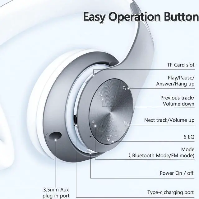 Alt view image 4 of 5 - Headphones Wireless Bluetooth,60 Hours Playtime Foldable Lightweight Bluetooth Headphones Wireless Over Ear Wired Hi-Fi Stereo with 6 EQ Modes, Deep Bass Adjustable Headset with Mic, FM, TF for Adults