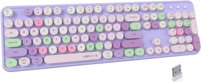 Main image of UBOTIE Dual Mode Colorful Wireless Keyboard, Bluetooth and USB Receiver Retro Typewriter Round Keycaps Keyboard Support Multi Devices for PC Laptop Tablet Phones(Purple Colorful)