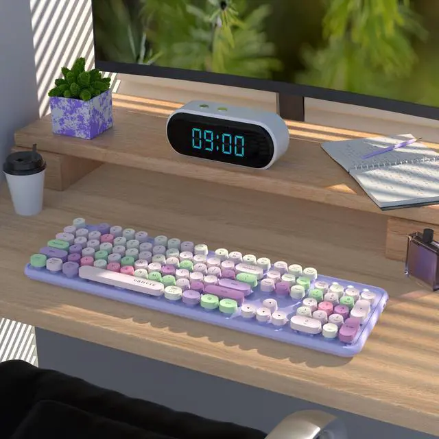 Alt view image 2 of 5 - UBOTIE Dual Mode Colorful Wireless Keyboard, Bluetooth and USB Receiver Retro Typewriter Round Keycaps Keyboard Support Multi Devices for PC Laptop Tablet Phones(Purple Colorful)