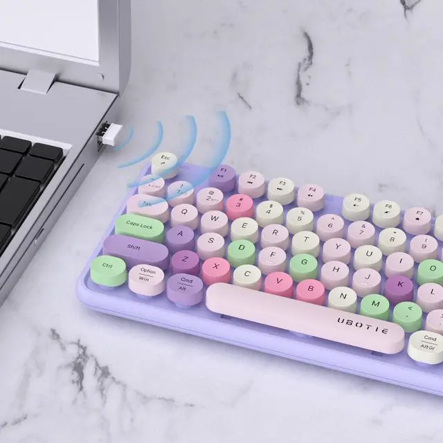 Alt view image 3 of 5 - UBOTIE Dual Mode Colorful Wireless Keyboard, Bluetooth and USB Receiver Retro Typewriter Round Keycaps Keyboard Support Multi Devices for PC Laptop Tablet Phones(Purple Colorful)