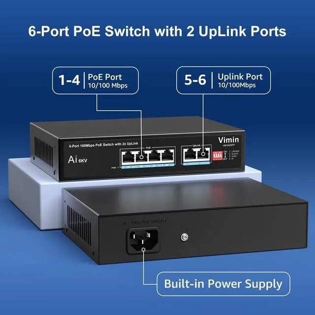 Alt view image 2 of 5 - [Upgraded] 6-Port PoE Switch with 4 Port PoE, VIMIN 4-Port Unmanaged 10/100Mbps Network PoE Switch with 2 Uplink Ports, AI Watchdog, VLAN, Extend 250m, Support IEEE802.3af/at, 72W PoE Power