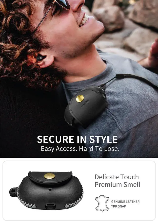 Alt view image 3 of 5 - VogDUO Genuine Leather Case for Beats Studio- Buds Holder Full Cover Double Sided Soft Protection Snap Button Compatible with Beats Studio Buds + (Black Wrist Lanyard)