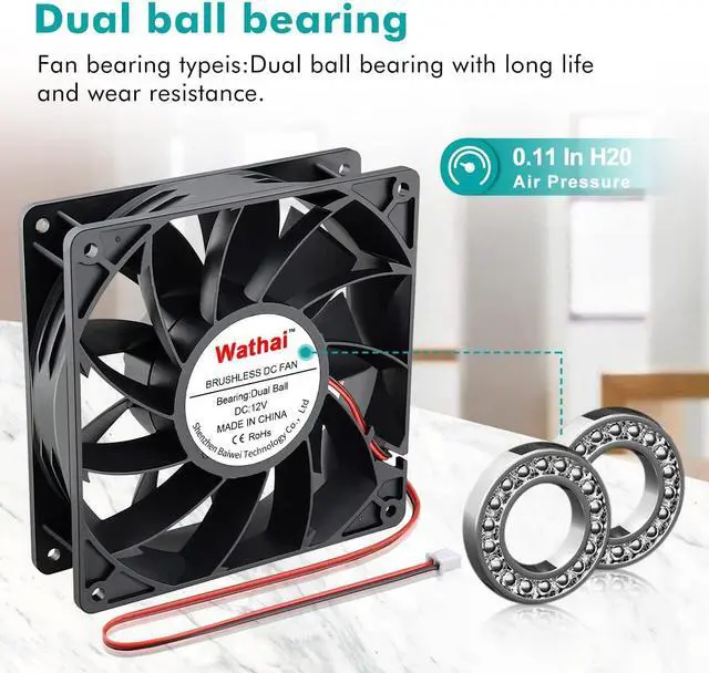 Alt view image 3 of 5 - Wathai 140mm x 38mm Case Fan 12V Exhaust Fan Dual Ball High Airflow 220CFM 3000RPM DC High Static Pressure CFM Fan for DIY Project Ventilation Cooling