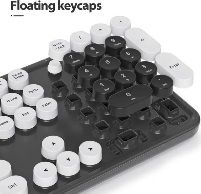 Alt view image 2 of 5 - Owpkeenthy Retro Typewriter Cute Keyboard with Floating Round Keys, Full Size Wired USB Keyboard Click Feeling with Foldable Stands for Laptop Office PC Desktop Windows (Minimalist Black)