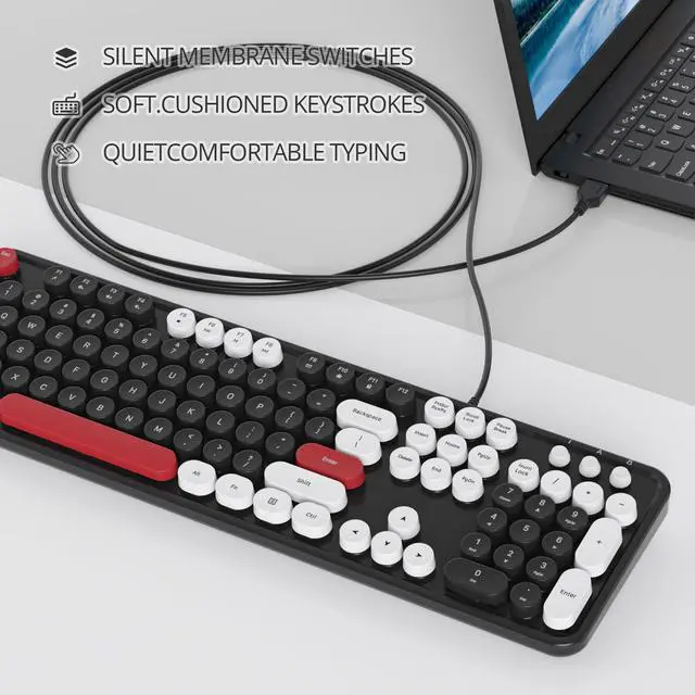 Alt view image 3 of 5 - Owpkeenthy Retro Typewriter Cute Keyboard with Floating Round Keys, Full Size Wired USB Keyboard Click Feeling with Foldable Stands for Laptop Office PC Desktop Windows (Minimalist Black)