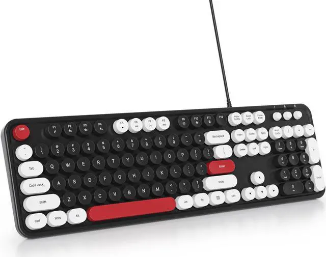 Alt view image 4 of 5 - Owpkeenthy Retro Typewriter Cute Keyboard with Floating Round Keys, Full Size Wired USB Keyboard Click Feeling with Foldable Stands for Laptop Office PC Desktop Windows (Minimalist Black)