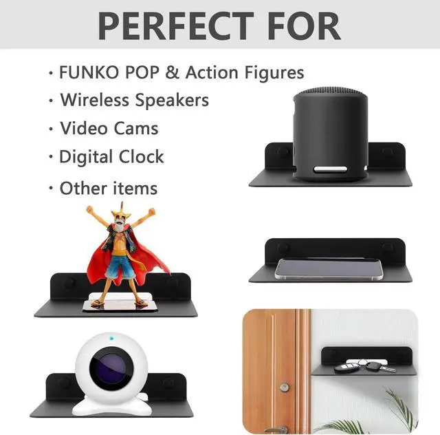 Alt view image 4 of 5 - WISDING Small Floating Shelves, 6'' Wall Metal Speaker Mount Shelves for Bluetooth Speaker, Webcam, Cell Phones, Mesh Router, Toy Display Shelf Speakers Shelf (2 Pack), Black (JSZWJ002)