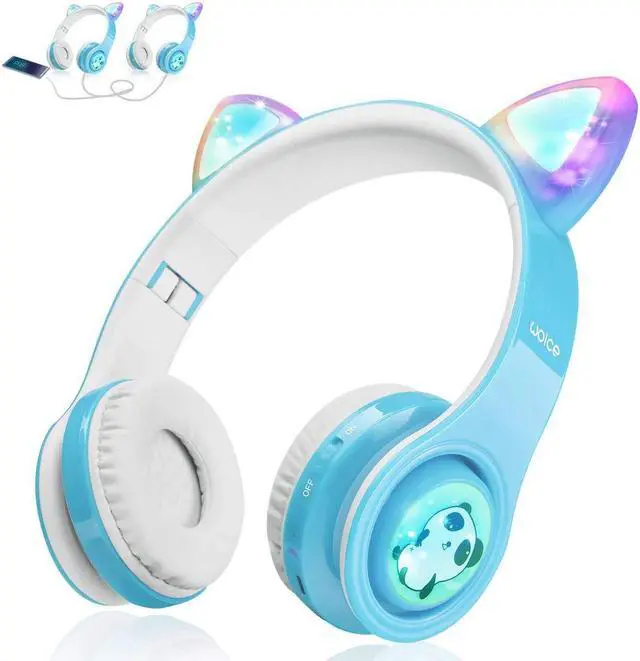 Main image of Woice Kids Bluetooth Headphones Cat Ear LED Light Wireless Foldable Headphones Over Ear with Mic, Music Sharing Function and 0-85dB /110dB Limited for School Phone Pad Tablet PC Sky Blue