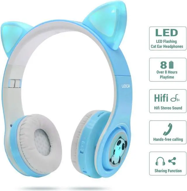 Alt view image 3 of 5 - Woice Kids Bluetooth Headphones Cat Ear LED Light Wireless Foldable Headphones Over Ear with Mic, Music Sharing Function and 0-85dB /110dB Limited for School Phone Pad Tablet PC Sky Blue