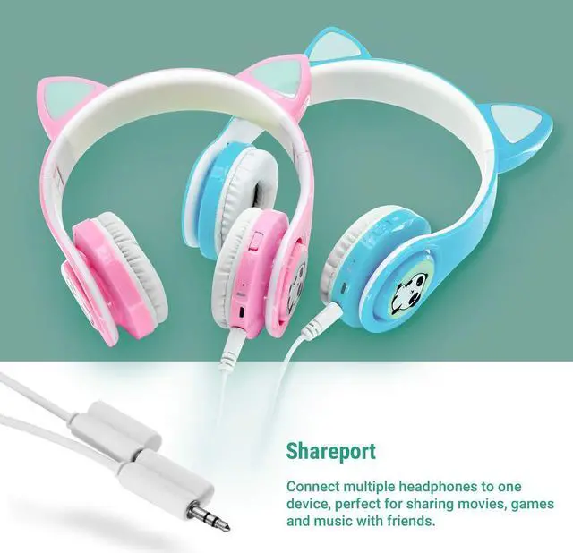 Alt view image 5 of 5 - Woice Kids Bluetooth Headphones Cat Ear LED Light Wireless Foldable Headphones Over Ear with Mic, Music Sharing Function and 0-85dB /110dB Limited for School Phone Pad Tablet PC Sky Blue