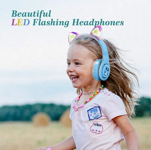 Alt view image 2 of 5 - Woice Kids Bluetooth Headphones Cat Ear LED Light Wireless Foldable Headphones Over Ear with Mic, Music Sharing Function and 0-85dB /110dB Limited for School Phone Pad Tablet PC Sky Blue