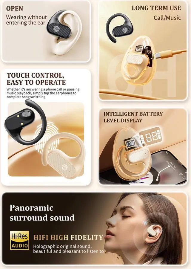 Alt view image 2 of 5 - XCYZRY Open Ear Headphones Wireless Bluetooth 5.4, Open Ear Earbuds Noise Cancelling Running Sport Wireless Bluetooth Earbuds with Mic and Earhooks for Android/iOS (Black)