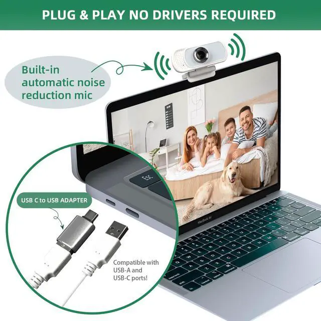 Alt view image 4 of 5 - XPCAM 1080P Webcam with Mic, Pro Streaming Web Camera with Privacy Cover and Stand, Widescreen USB Computer Camera for PC Mac Laptop Desktop, USB C to USB Adapter Included White(New Upgraded)
