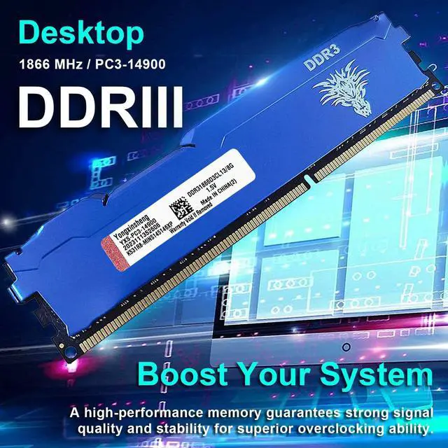 Alt view image 3 of 5 - Yongxinsheng DDR3 16GB Kit (8GBx2) Desktop RAM 1866MHz PC3-14900 UDIMM Non-ECC Unbuffered 1.5V 2Rx8 Dual Rank 240 Pin CL13 PC Computer Memory Upgrade Module (Blue)