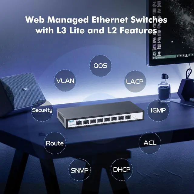 Alt view image 4 of 5 - YuLinca 8 Port 10Gbps SFP+ Managed Switch, Support 1G/2.5G/10G SFP Module, 160Gbps Bandwidth, Desktop|Wallmount Metal Fanless Managed Fiber Switch