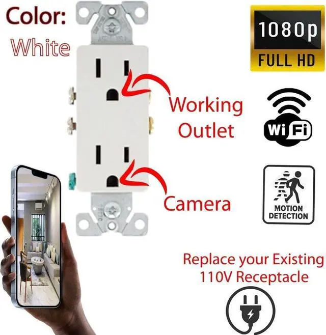 Alt view image 2 of 4 - Zeus CCTV Tuya Smart Life Power Outlet Receptacle Wi-Fi Spy Camera 120V Wired (White Square/Video only, No Audio)