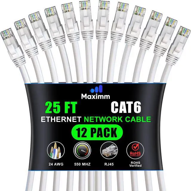 Main image of Maximm Cat 6 Ethernet Cable 25 Ft, (12-Pack) Cat6 Cable, LAN Cable, Internet Cable, Patch Cable and Network Cable - UTP (White) 25 Feet ethernet Cord