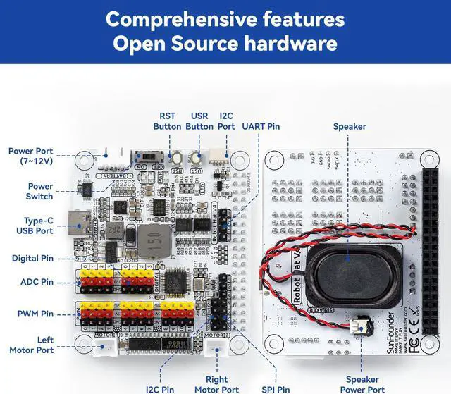 Alt view image 2 of 5 - SunFounder Robot HAT Expansion Board Designed for Raspberry Pi 4/3B+/3B/Zero W Robot, IoT, Sensors, Motors, Servos Driver, Inclulded Rechargeable Battery, 5V2A, Speaker, ADC, PWM, IIC, UART, SPI