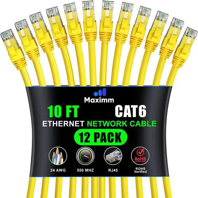 Main image of Maximm Cat 6 Ethernet Cable - 10 ft (12-Pack), High-Speed LAN, Internet, Patch, and Network Cable - UTP, 10Gbps, 550MHz Ethernet Cord - Yellow
