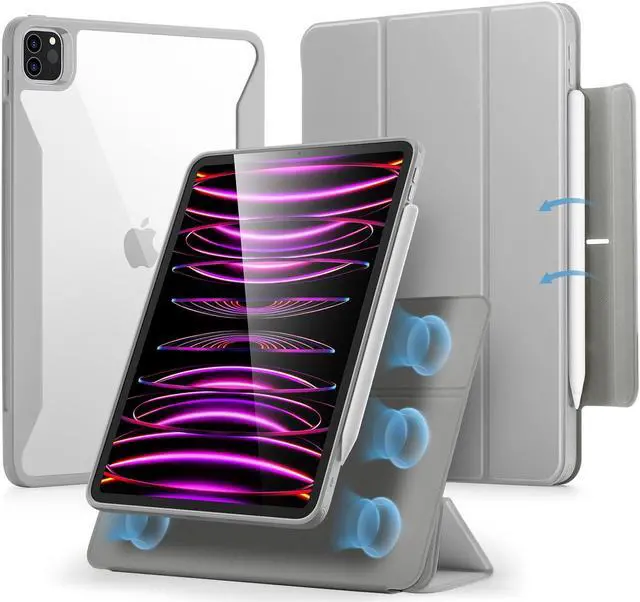 Main image of ESR for iPad Pro 12.9 Inch Case (2022/2021), iPad Pro 12.9 Case 6th/5th Generation with Pencil Holder, Detachable Magnetic Cover, Vertical Stand, Auto Wake/Sleep, Rebound 360 Series, Grey