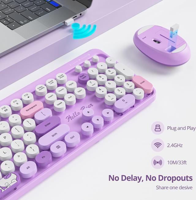 Alt view image 2 of 5 - GTSP Typewriter Keyboard Wireless Mouse Combo, Cute Keyboard 2.4G Office Full-Sized Retro Keyboard with Round Keycaps for Laptop PC Desktops(Purple)