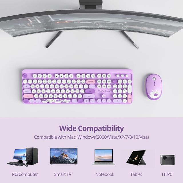 Alt view image 3 of 5 - GTSP Typewriter Keyboard Wireless Mouse Combo, Cute Keyboard 2.4G Office Full-Sized Retro Keyboard with Round Keycaps for Laptop PC Desktops(Purple)