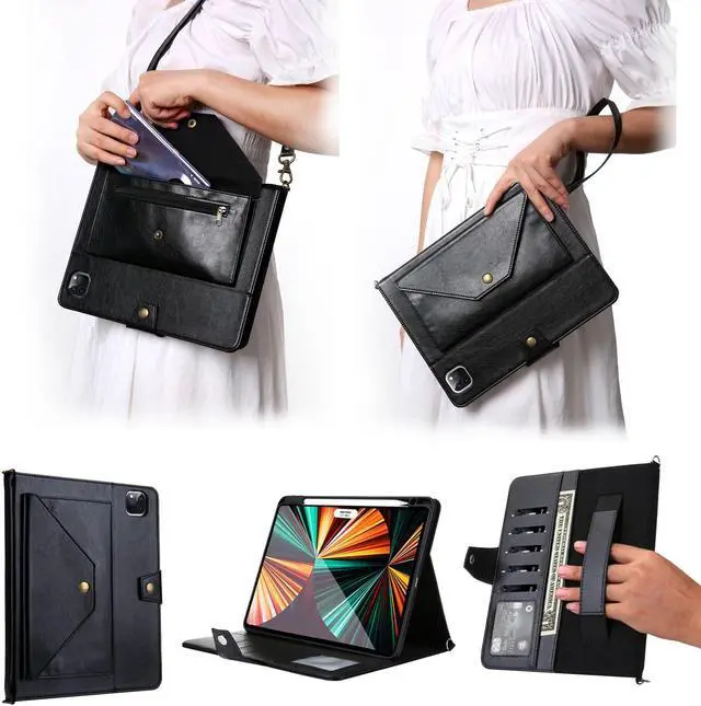 Main image of iPad Pro 12.9 inch 2022/2021/2020/2018 PU Leather Case with Apple Pencil Holder Auto Wake/Sleep Shoulder Strap for iPad Pro 12.9 5th/4th/3rd Generation (Black)